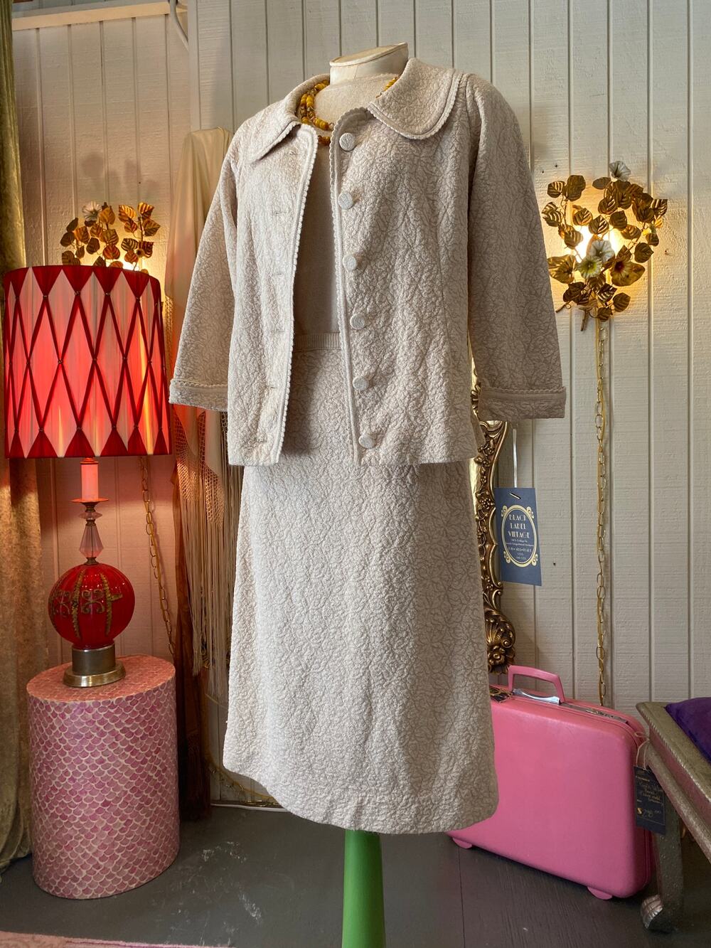 vintage 1960s 3 piece knit set, 60s knitwear, cream sweater set, pencil skirt, m